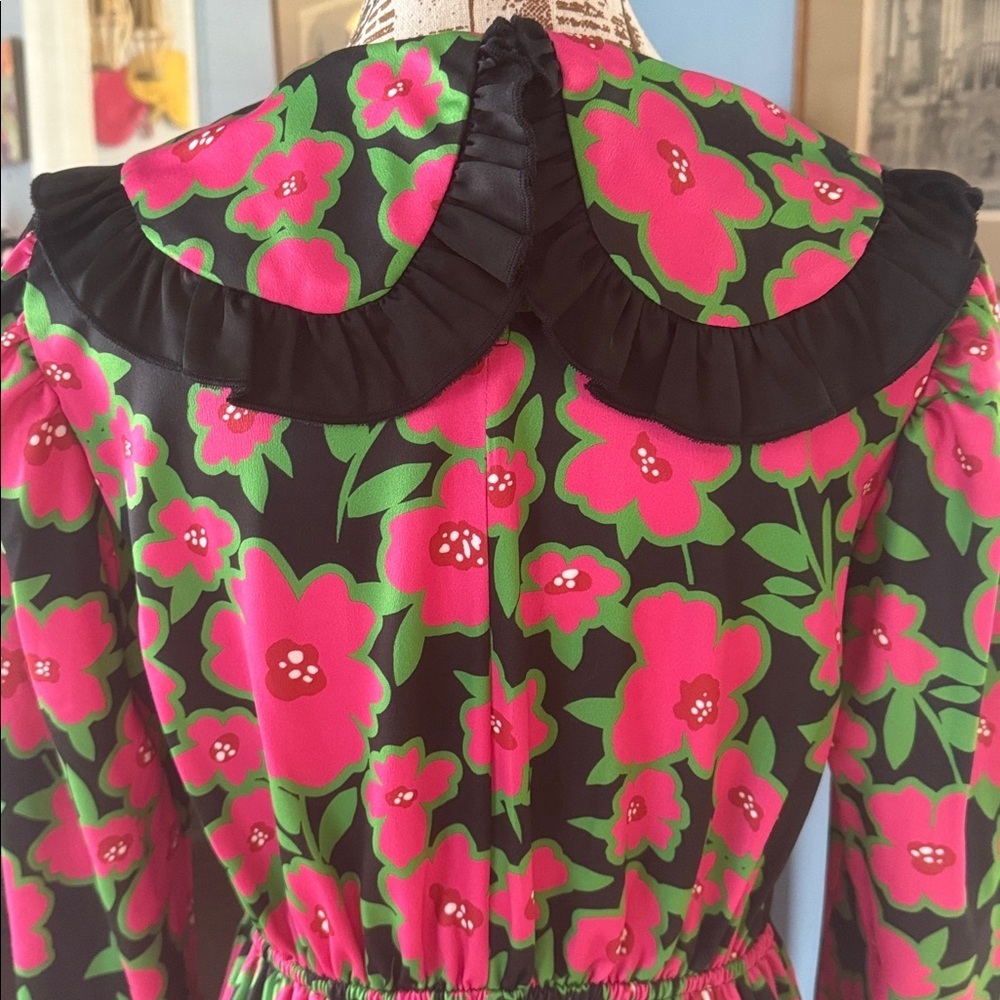 Asos Twisted Wunder Pink & Black Floral Print Bib Collar Long Sleeve Dress - Picture 7 of 15